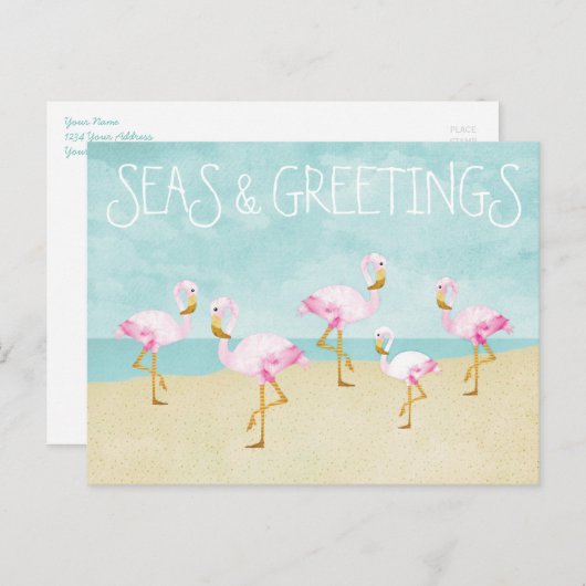 Meer und Grüße Wasserfarbe Rosa Flamingos Postkarte (Vorne/Hinten)