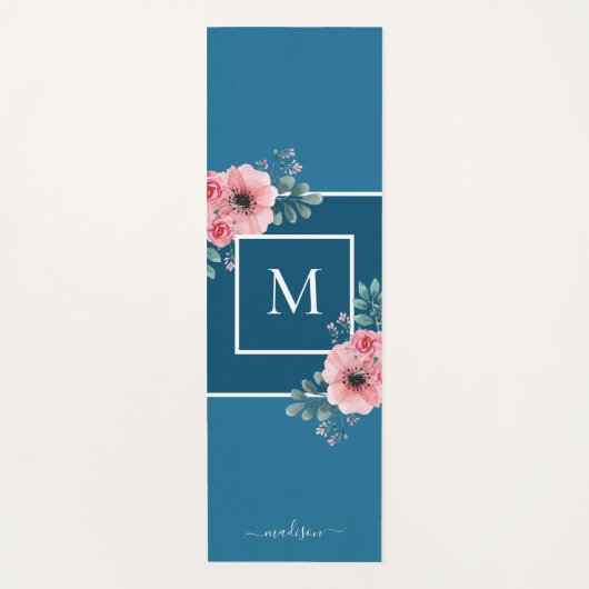Meerblau | Aquarellfarben Blume Monogramm Yoga Mat Yogamatte (Vorderseite)