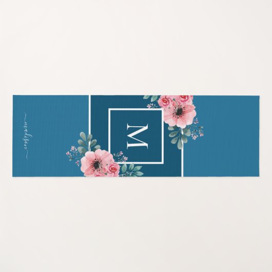 Meerblau | Aquarellfarben Blume Monogramm Yoga Mat Yogamatte (Vorderseite (Horizontal))