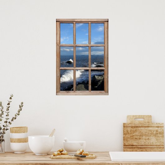 Meerblick von einem Fenster mit Wellenbrechern Poster (Küche)