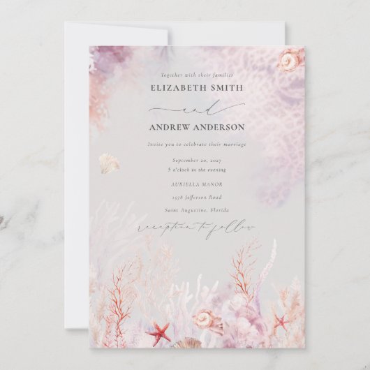 Meeresalgen | Seashell Watercolor Wedding Einladung (Vorderseite)