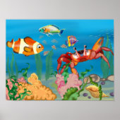 Meeresboden mit roter Krabbe, Algen und Fischen, t Poster (Vorne)