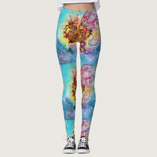 MEERESDRAGON in Blue Gold Yellow Pink Fantasy Leggings (Vorderseite)