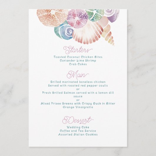 Meeresfarben-MeerSchalen in blau, Lila Orange Menükarte (Vorderseite)