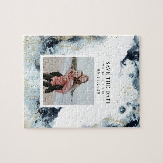 Meeresfarbenwellen Küstenwellen Save the Date Foto Puzzle (Horizontal)