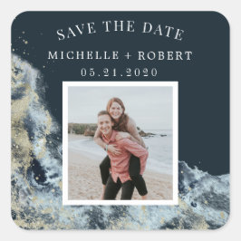 Meeresfarbenwellen Küstenwellen Save the Date Foto Quadratischer Aufkleber