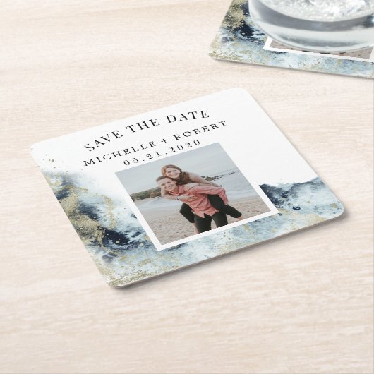 Meeresfarbenwellen Küstenwellen Save the Date Foto Rechteckiger Pappuntersetzer (angewinkelt)