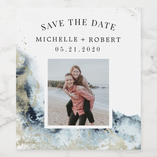 Meeresfarbenwellen Küstenwellen Save the Date Foto Weinetikett (Einzelnes Label)