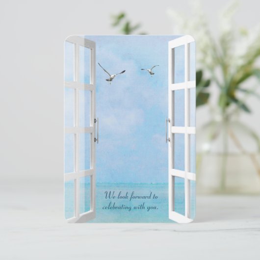 Meeresfenster mit Möwen Einladung (Stehend Vorderseite)