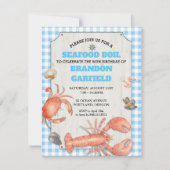 Meeresfrüchte Boil Blue Gingham and Wood Party Einladung (Vorderseite)