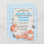 Meeresfrüchte Boil Blue Gingham and Wood Party Einladung (Vorne/Hinten)