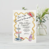 Meeresfrüchte & Champagner Party Handgezogener, ge Einladung (Stehend Vorderseite)