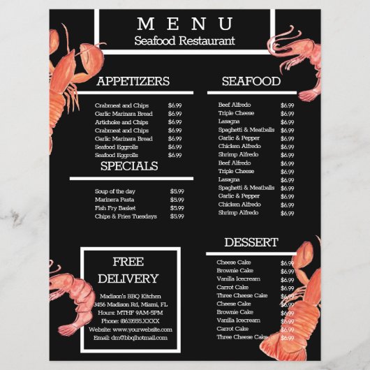 Meeresfrüchte Grill Restaurant Speisekarte Flyer (Vorne)