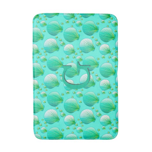 Meeresfrüchte-Grüne Muscheln auf Aqua Badematte (Vorderseite Vertikal)