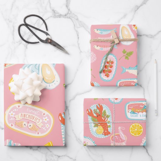 Meeresfrüchte Hummer Sardinen Austern Fisch Geschenkpapier Set (Vorderseite)