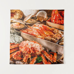 Meeresfrüchte-Kochplatte zum Abendessen am Meeresu Wandteppich