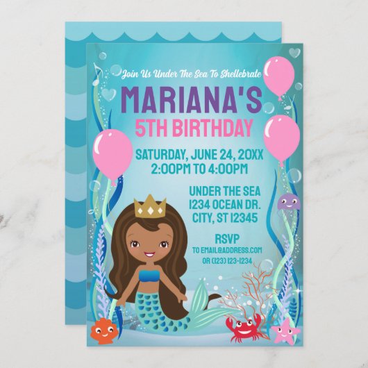 Meeresfrüchte Prinzessin (schwarz/braun) Einladung (Vorne/Hinten)