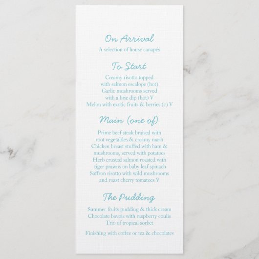 Meeresfrüchte-Wirbel-Hochzeitsmenü Menükarte (Rückseite)