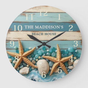 Meeresglas und Strandholz Nautilus - Blau Türkis Große Wanduhr