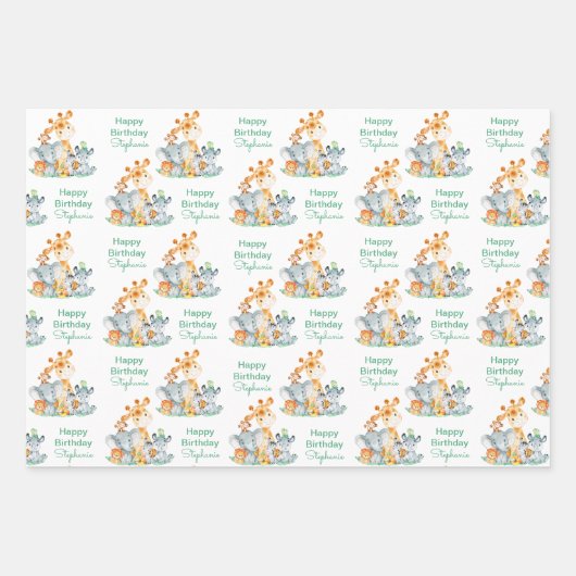 Meeresgrün Wasserfarbe Niedlich Safari Jungle Tier Geschenkpapier Set (Vorderseite)