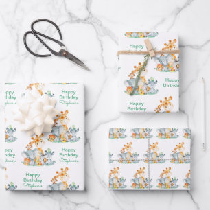 Meeresgrün Wasserfarbe Niedlich Safari Jungle Tier Geschenkpapier Set