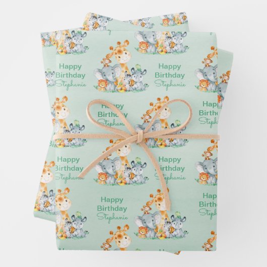 Meeresgrün Wasserfarbe Niedlich Safari Jungle Tier Geschenkpapier Set (Beispiel)