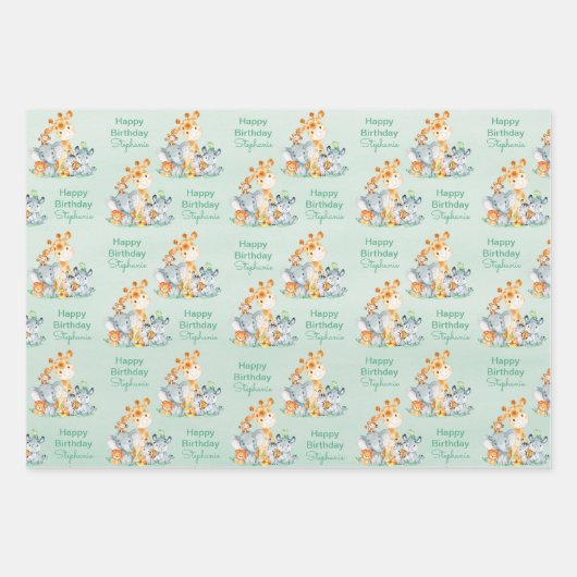 Meeresgrün Wasserfarbe Niedlich Safari Jungle Tier Geschenkpapier Set (Vorderseite)