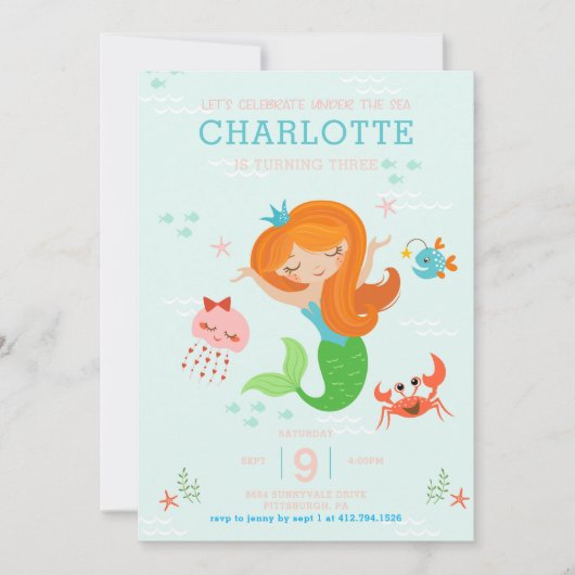 Meereshilfe mit Rotem Haar-Kindergeburtstag Einladung (Vorderseite)