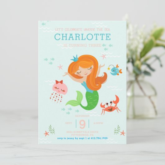 Meereshilfe mit Rotem Haar-Kindergeburtstag Einladung (Stehend Vorderseite)