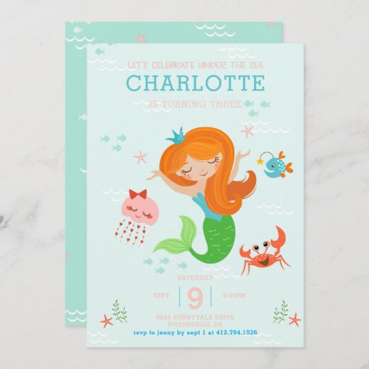 Meereshilfe mit Rotem Haar-Kindergeburtstag Einladung (Vorne/Hinten)