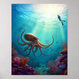 Meereskreatur zeigt einen Taucher Poster