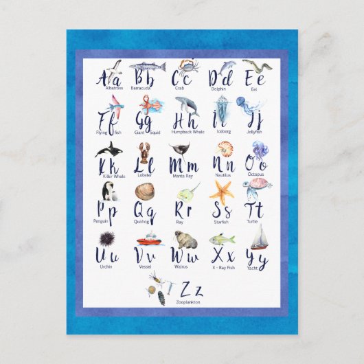 Meereslebewesen Alphabet Aquarell Postkarte (Vorderseite)