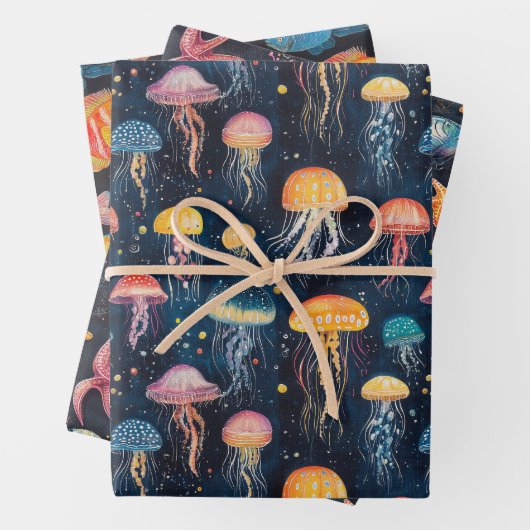 Meereslebewesen, Stern und verschiedene Fischarten Geschenkpapier Set (Beispiel)