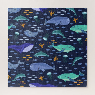 Meereslebewesen: Wale, Quallen-Muster. Puzzle