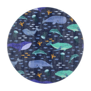 Meereslebewesen: Wale, Quallen-Muster. Schneidebrett