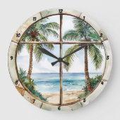 Meeresnähe" - Nautical Window Tropical Beach Große Wanduhr (Vorderseite)