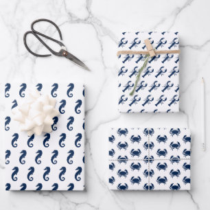 Meeresnautische-Tiere Muster Hummer Krebs Seepferd Geschenkpapier Set