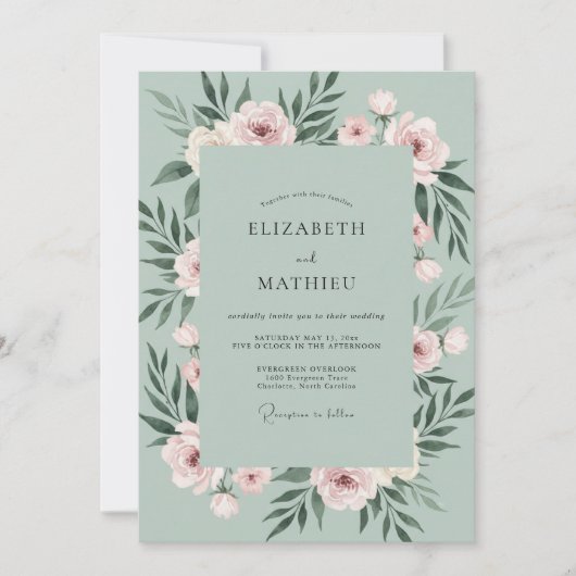 Meeresschaum-Rosé-Blatt-Hochzeit Einladung (Vorderseite)