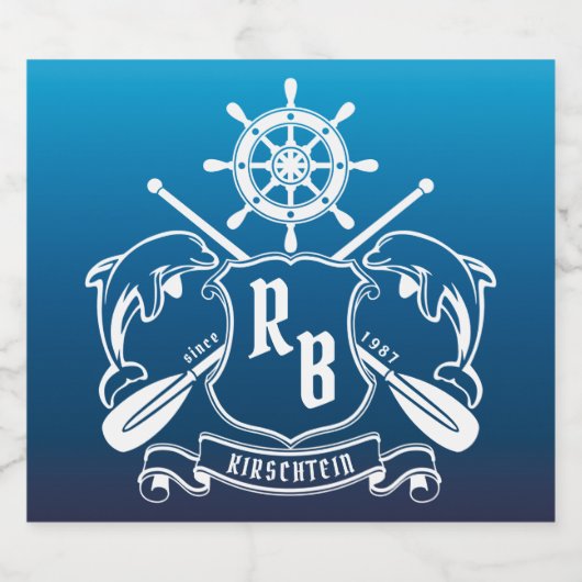 Meeresschild-Insignien-Delphine-Helm-Oars-Schild Bierflaschenetikett (Einzelnes Label)