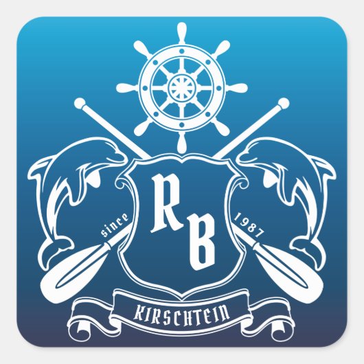 Meeresschild-Insignien-Delphine-Helm-Oars-Schild Quadratischer Aufkleber (Vorderseite)