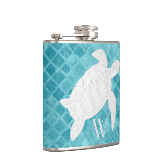 Meeresschildkröte auf Aqua-Seeglas-Monogramm Flachmann (Rechts)
