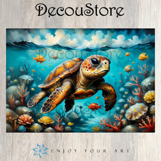 Meeresschildkröte auf dem Meeresboden - Decoupage Seidenpapier