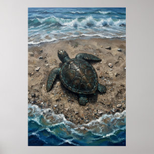 Meeresschildkröte auf sandiger Strand-Ozeanwelle-Ö Poster