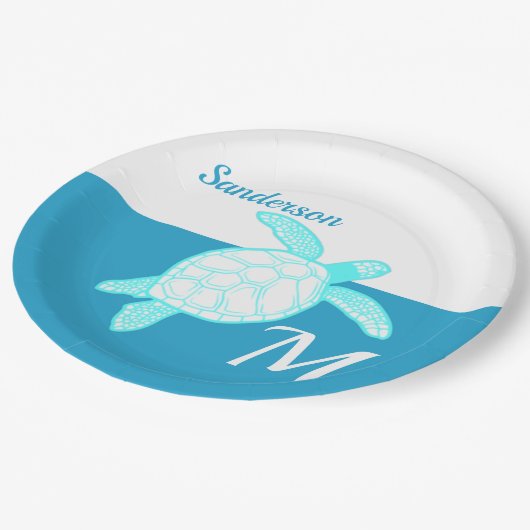 Meeresschildkröte Blau Aquamarin Weiß Pappteller (Schrägansicht)