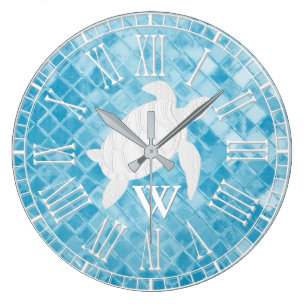 Meeresschildkröte-blaues Seeglas-Monogramm Große Wanduhr