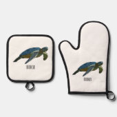 Meeresschildkröte-Cartoon Ofenhandschuh & Topflappen-Set (Vorderseite)