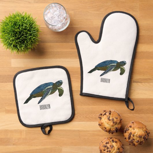 Meeresschildkröte-Cartoon Ofenhandschuh & Topflappen-Set (Oben Unten)
