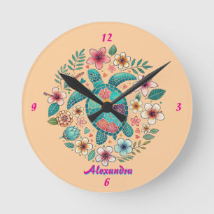 Meeresschildkröte Floral Boho Schule Büro Name Run Runde Wanduhr