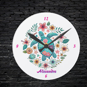 Meeresschildkröte Floral Boho Schule Büro Name Run Runde Wanduhr