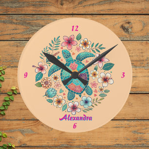 Meeresschildkröte Floral Boho Schule Büro Name Run Runde Wanduhr
